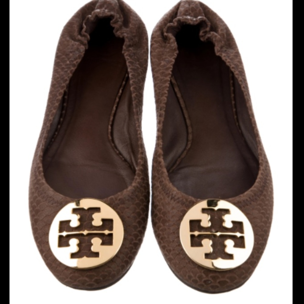 Tory Burch Brown Flats with Gold Logo